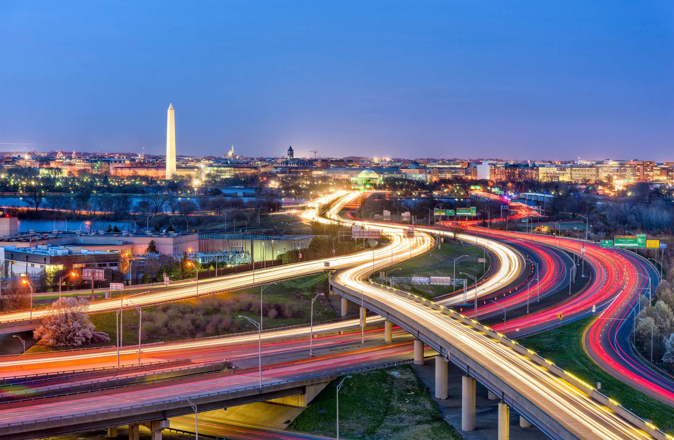 Aerial image of Washington DC in the evening