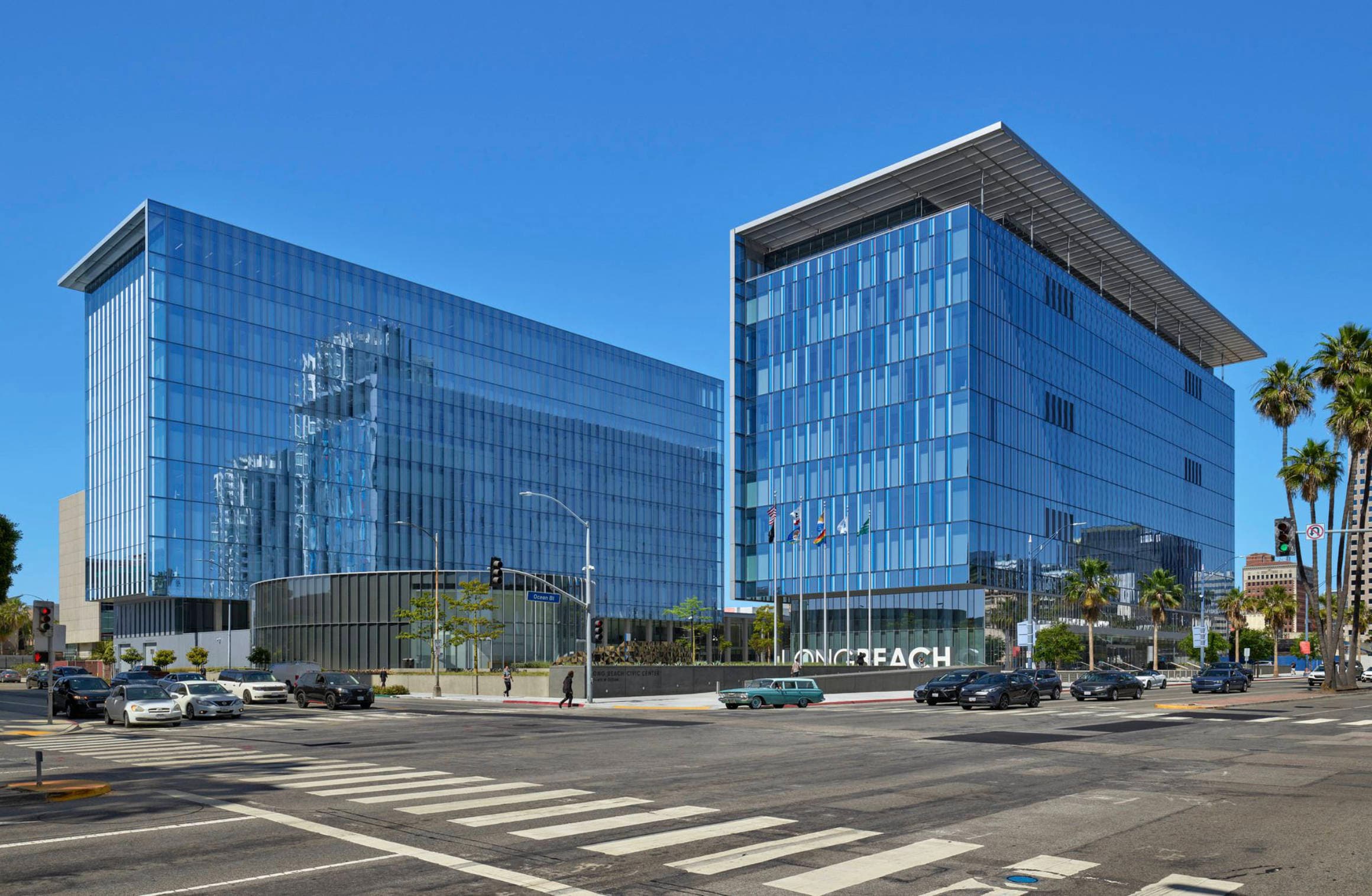 Street view of the new Long Beach City Hall building and the Port of Long Beach headquarters