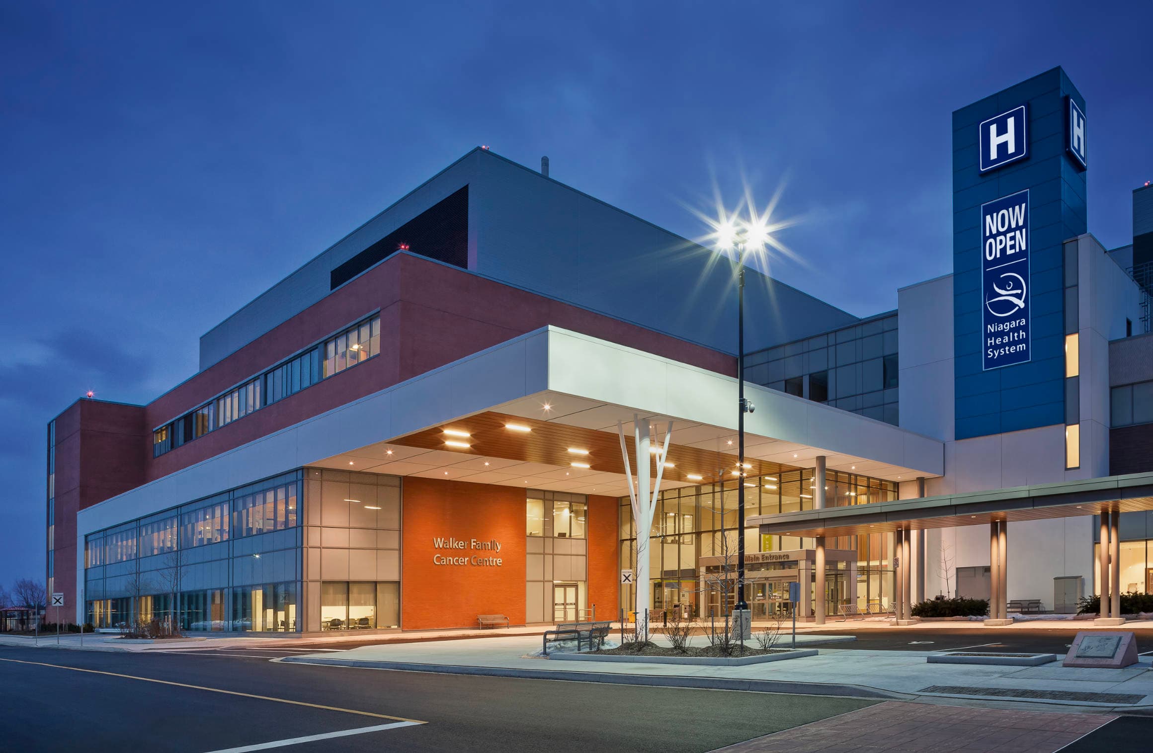 Exterior entrance to the NHS Health Care Complex and Walker Family Cancer Centre