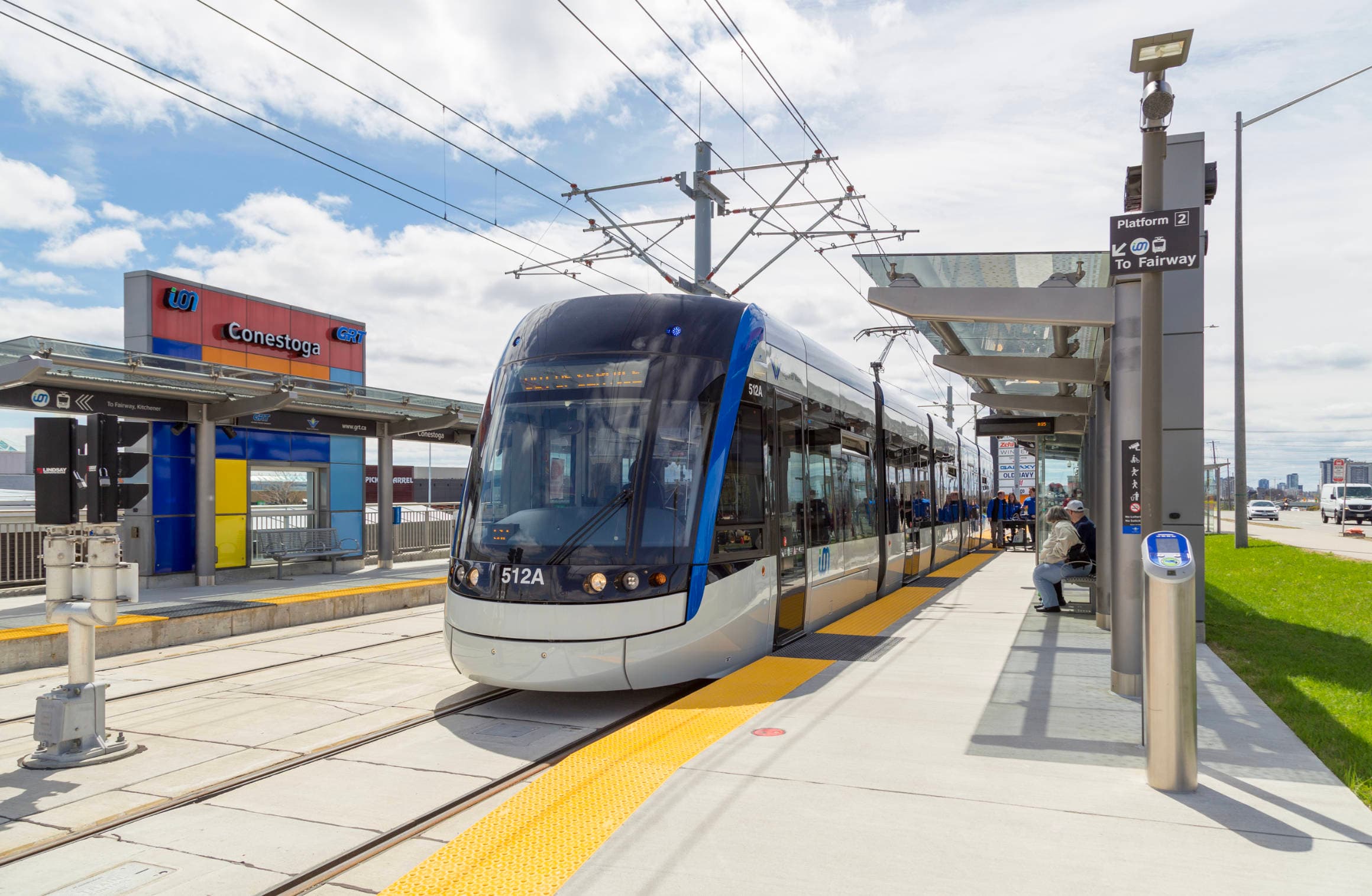 An ION train stopped at the Conestoga station