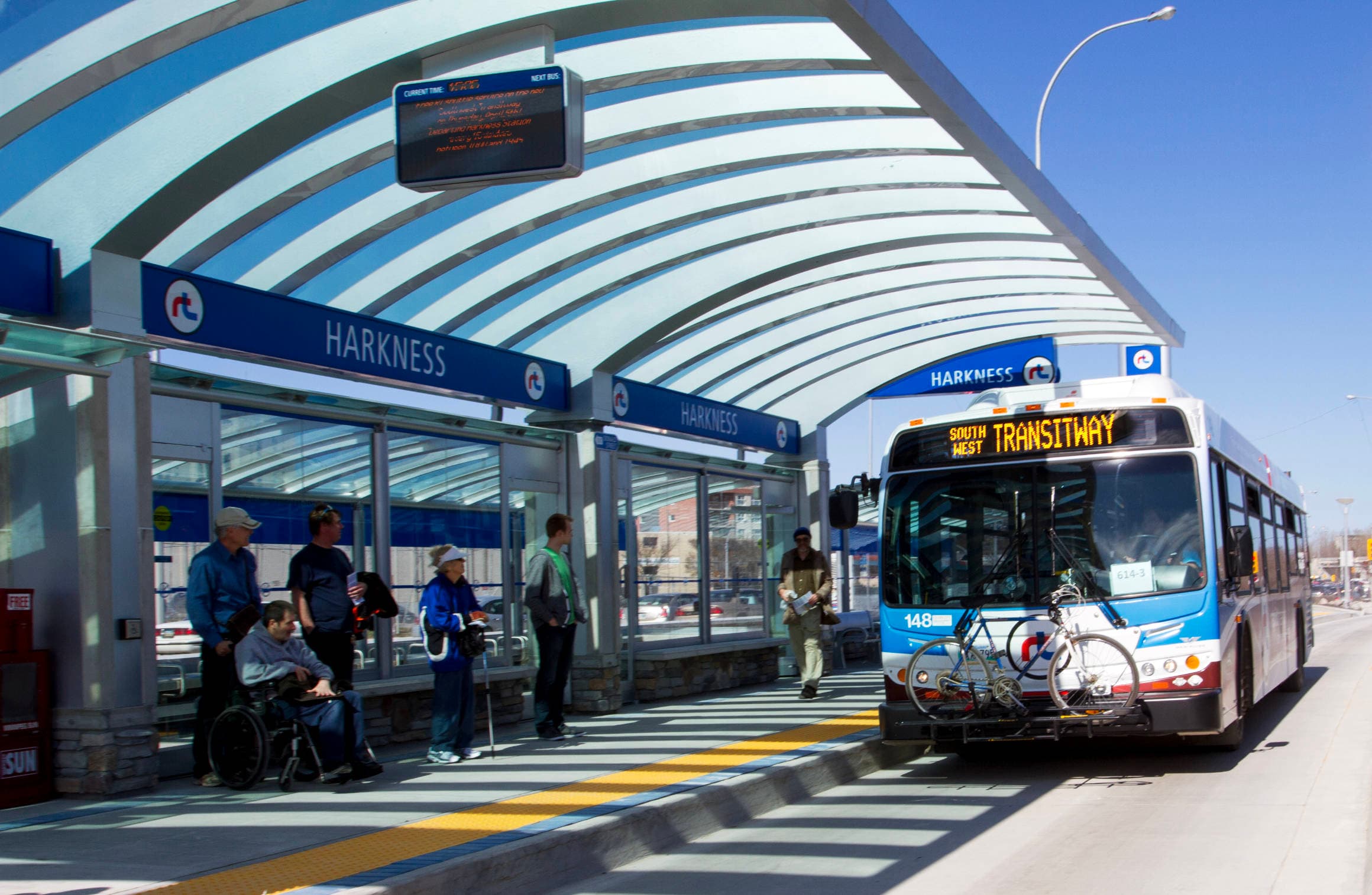 A bus at the Harkness rapid transit station