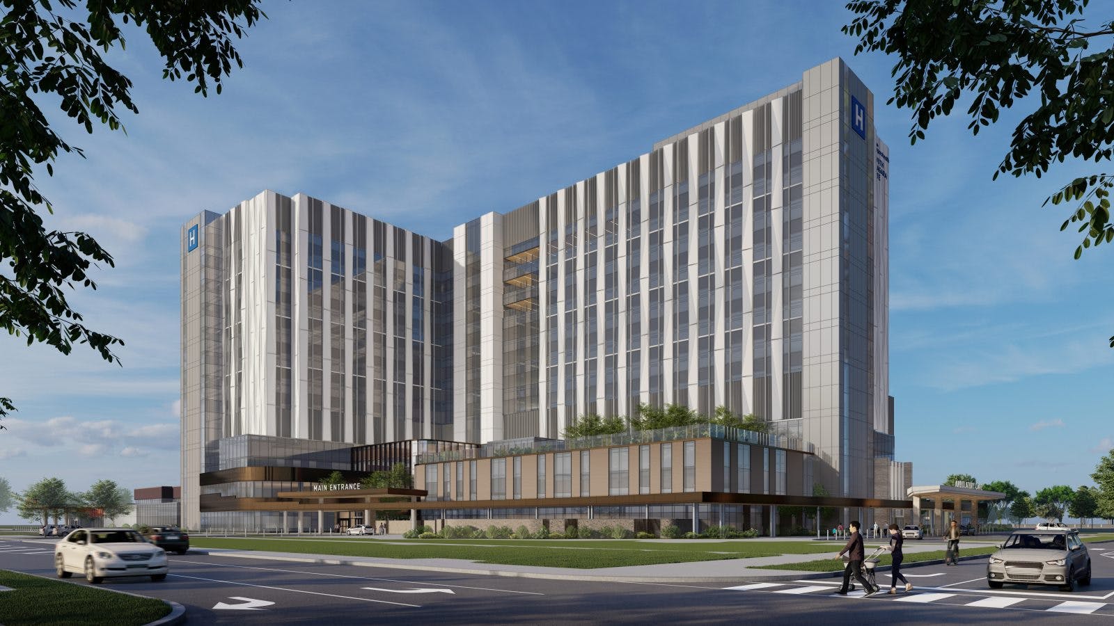 An artistic rendering of front exterior of the South Niagara Hospital project